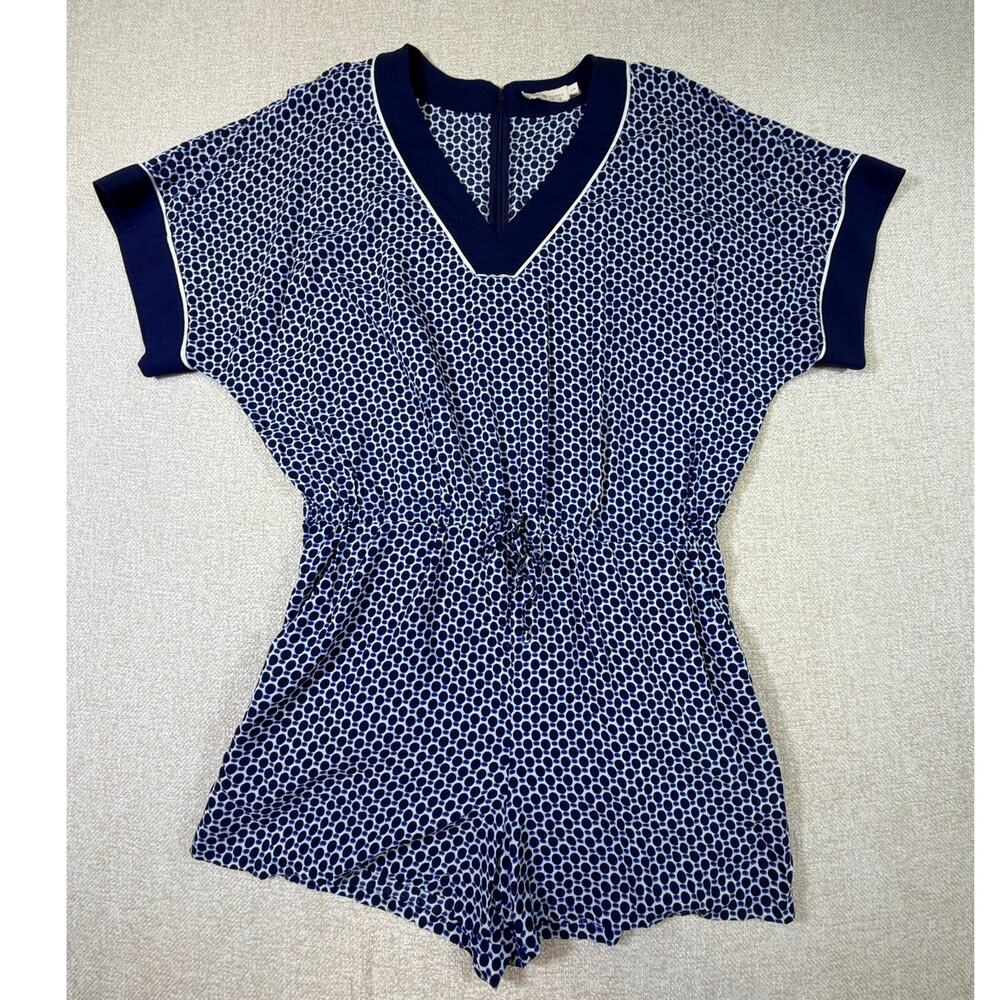 Tory Burch Women Large Blue White V Neck Short Sleeve Shortall Romper Casual